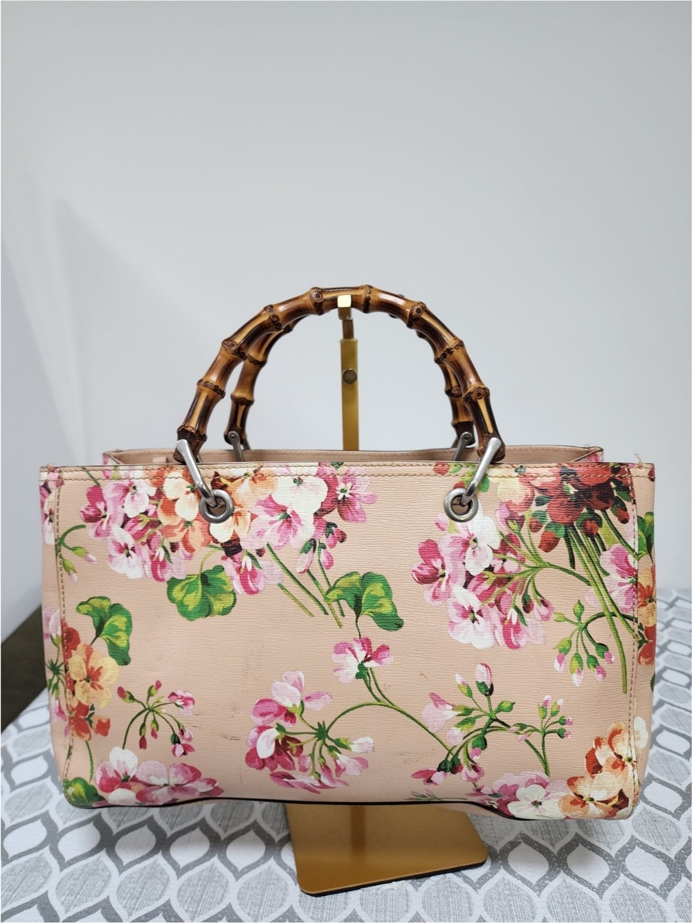 GUCCI Shangai Calfskin Blooms Print Medium Bamboo Shopper Tote Pink/Multicolor - Picture 3 of 14